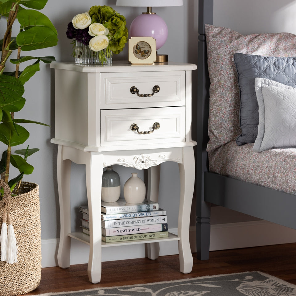 Gabrielle traditional French country provincial white-finished 2-drawer wood nightstand.