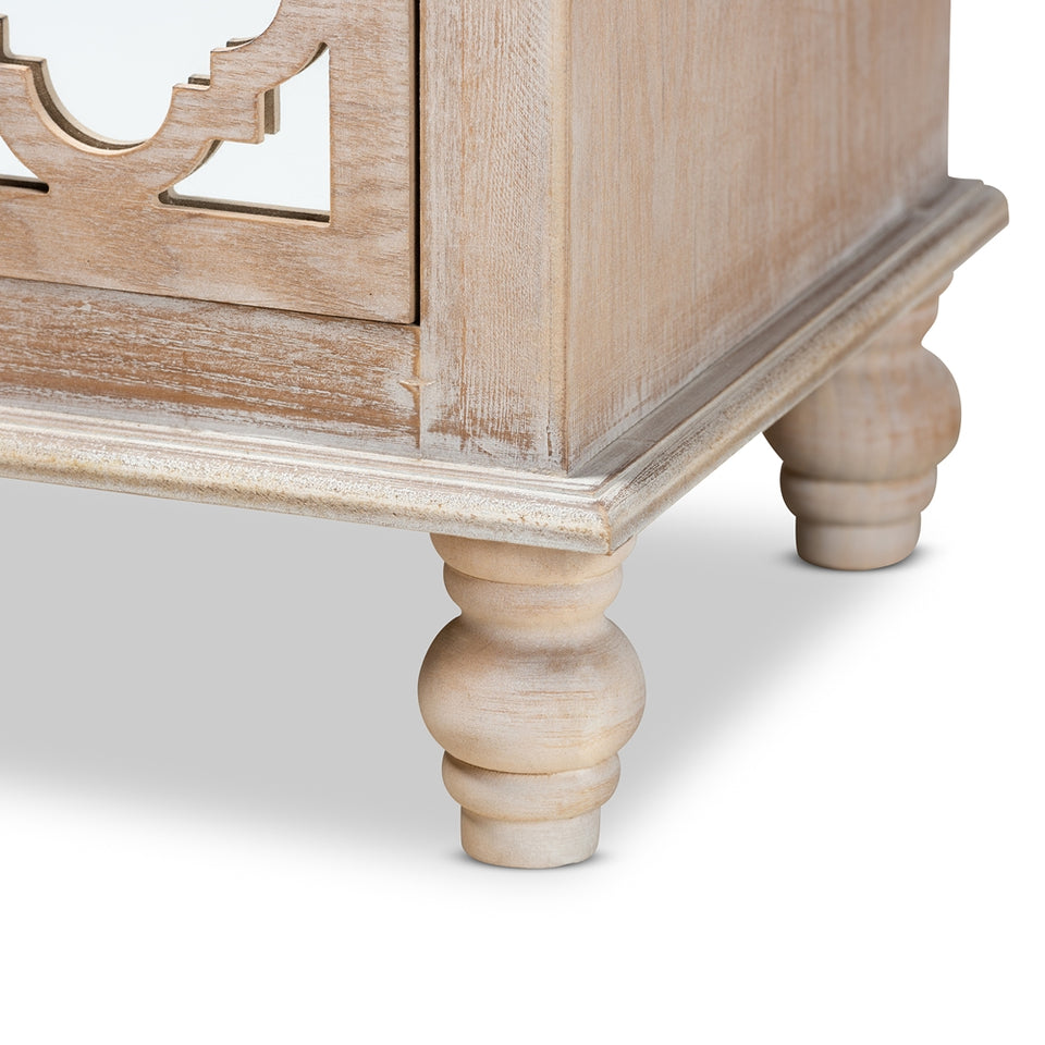 Celia transitional rustic French country white-washed wood and mirror 2-drawer quatrefoil nightstand.