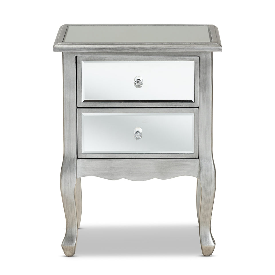 Leonie modern transitional French brushed silver finished wood and mirrored glass 2-drawer nightstand.
