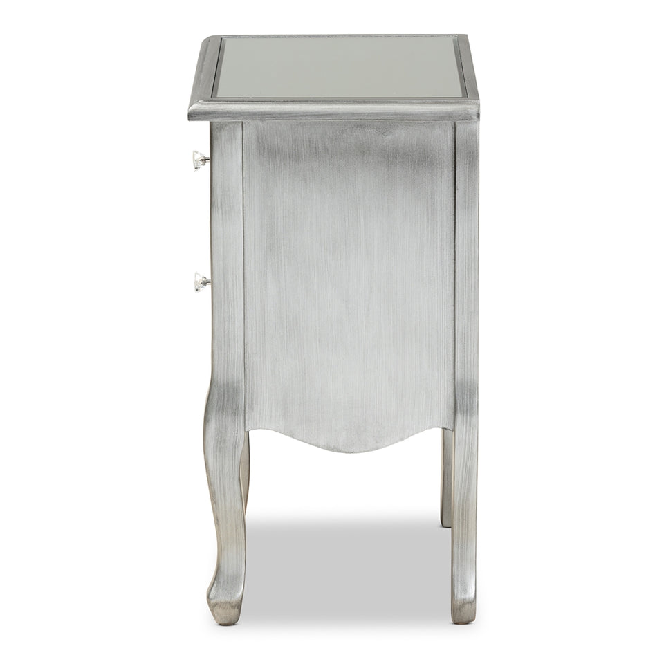 Leonie modern transitional French brushed silver finished wood and mirrored glass 2-drawer nightstand.
