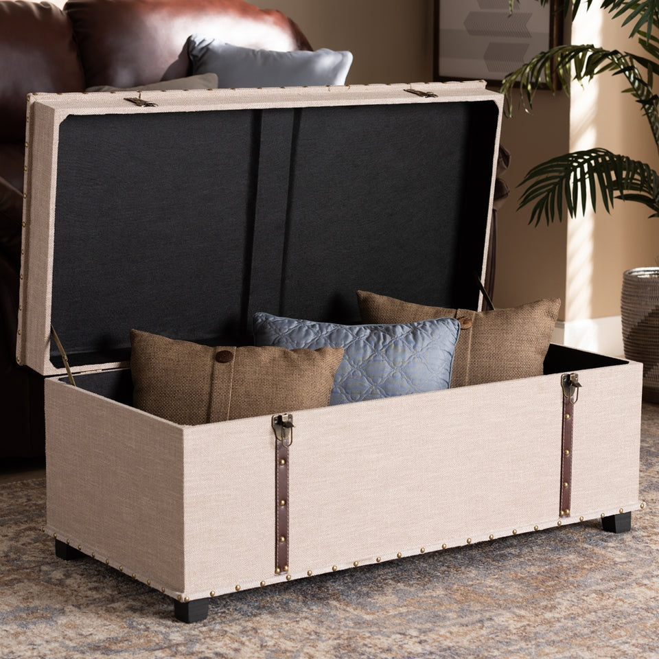 Copy of Kyra beige fabric upholstered storage trunk ottoman.