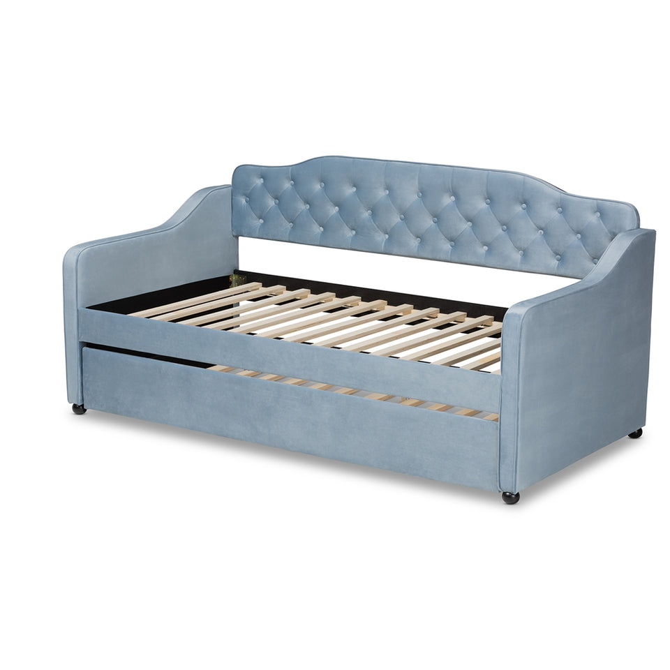 Freda traditional and transitional light blue velvet fabric upholstered and button tufted twin size daybed with trundle.