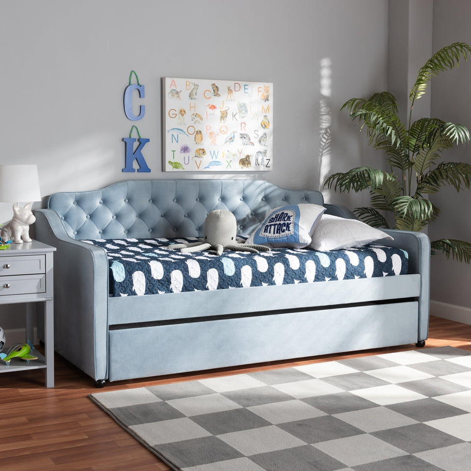 Freda traditional and transitional light blue velvet fabric upholstered and button tufted twin size daybed with trundle.
