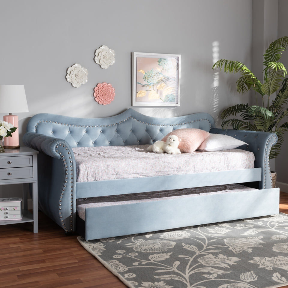 Abbie traditional and transitional light blue velvet fabric upholstered and crystal tufted twin size daybed with trundle.