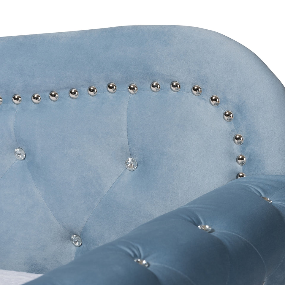 Abbie traditional and transitional light blue velvet fabric upholstered and crystal tufted twin size daybed with trundle.