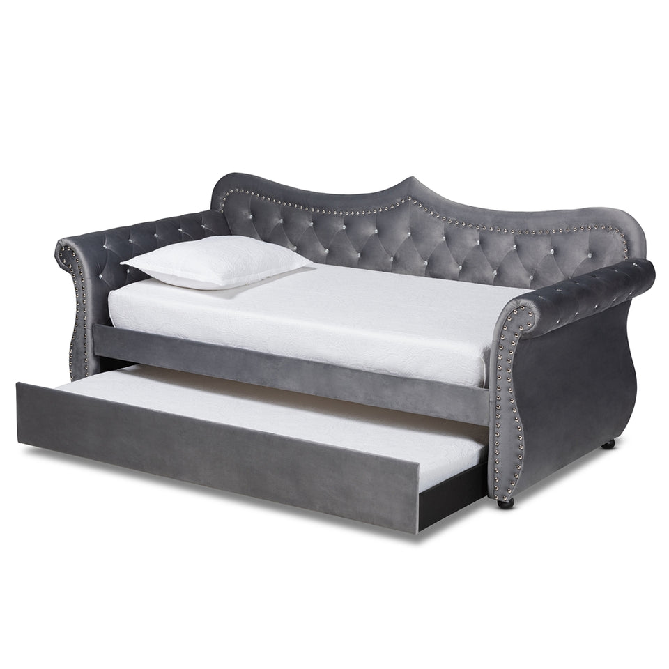 Abbie traditional and transitional grey velvet fabric upholstered and crystal tufted twin size daybed with trundle.