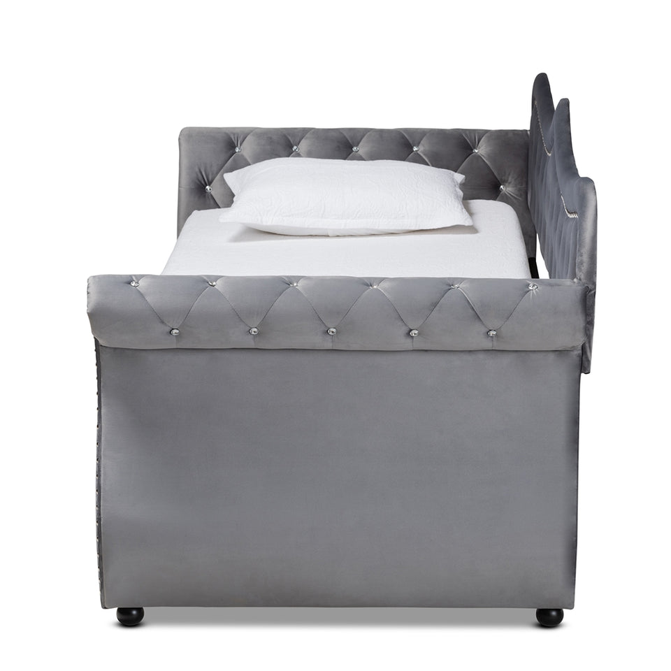 Abbie traditional and transitional grey velvet fabric upholstered and crystal tufted twin size daybed with trundle.