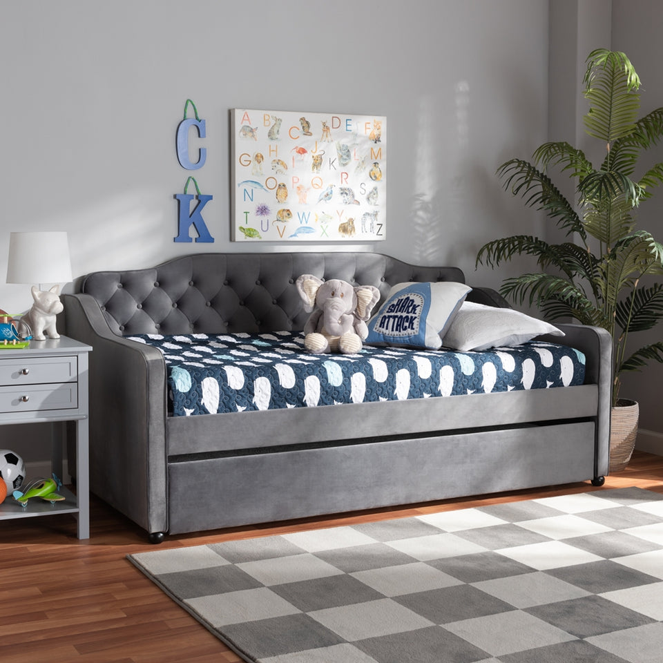 Freda traditional and transitional grey velvet fabric upholstered and button tufted twin size daybed with trundle.