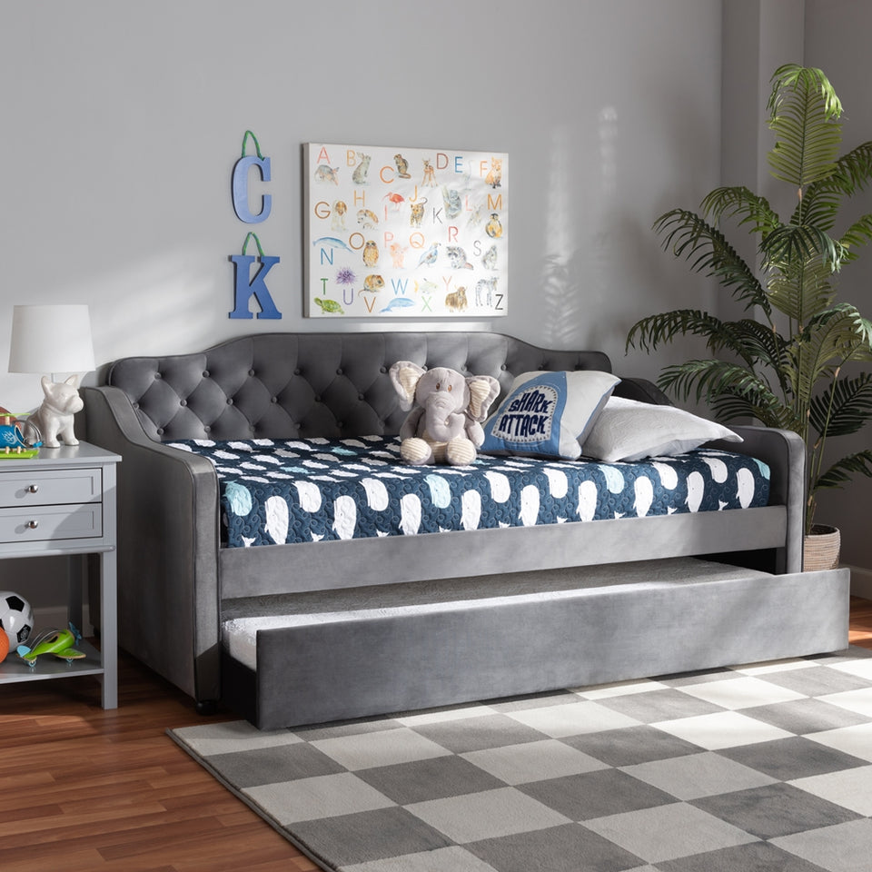 Freda traditional and transitional grey velvet fabric upholstered and button tufted twin size daybed with trundle.