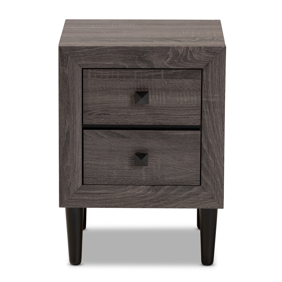 Feyan mid-century modern grey finished 2-drawer wood nightstand.