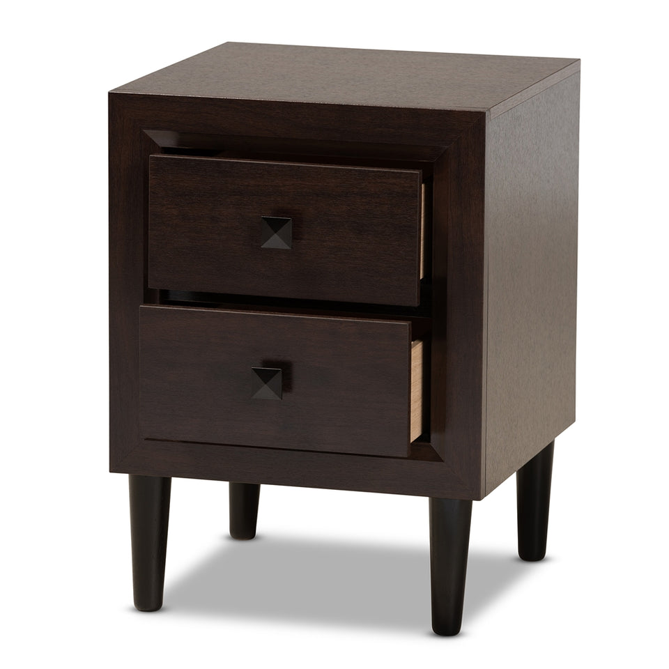 Feyan mid-century modern cherry brown finished 2-drawer wood nightstand.