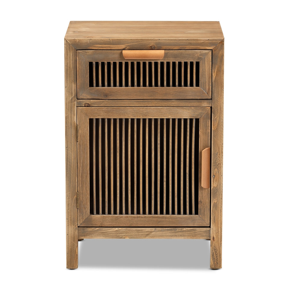 Clement rustic transitional medium oak finished 1-door and 1-drawer wood spindle nightstand.