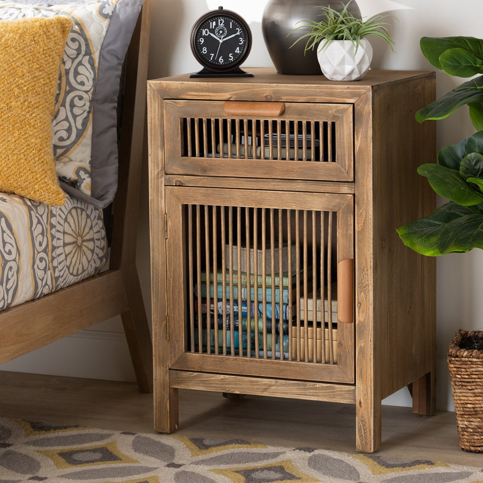 Clement rustic transitional medium oak finished 1-door and 1-drawer wood spindle nightstand.
