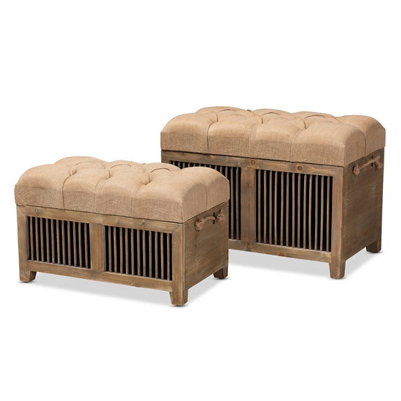 Clement rustic transitional farmhouse 2-piece wood spindle storage trunk ottoman set.