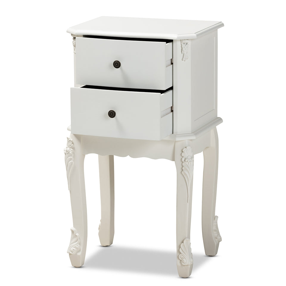 Sophia classic and traditional french white finished wood 2-drawer nightstand.