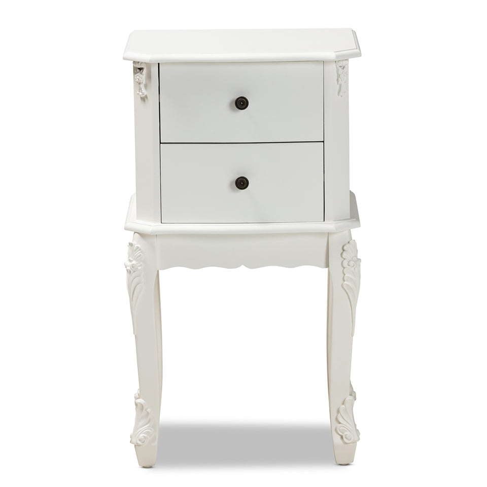 Sophia classic and traditional french white finished wood 2-drawer nightstand.