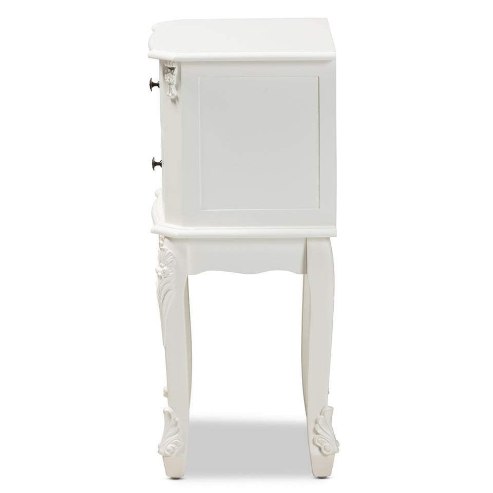 Sophia classic and traditional french white finished wood 2-drawer nightstand.