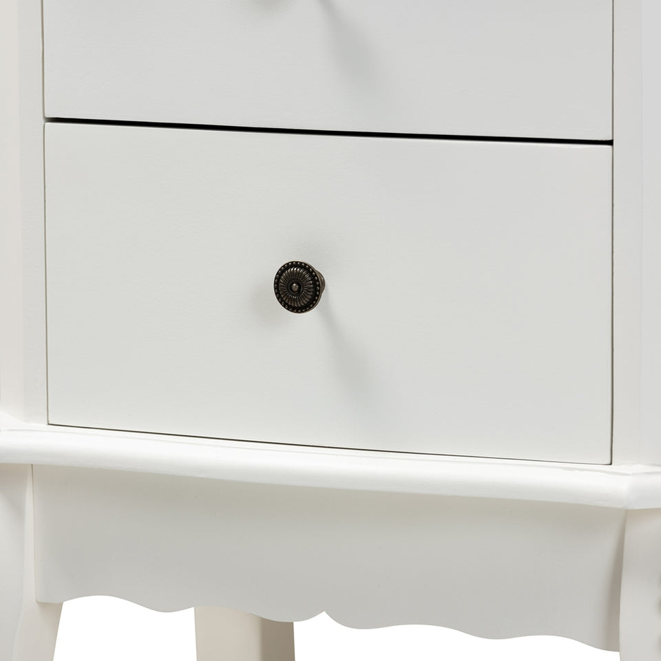 Sophia classic and traditional french white finished wood 2-drawer nightstand.