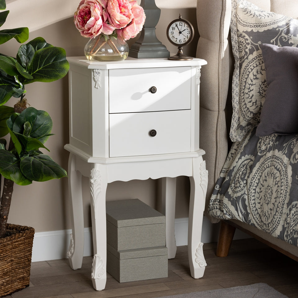 Sophia classic and traditional french white finished wood 2-drawer nightstand.