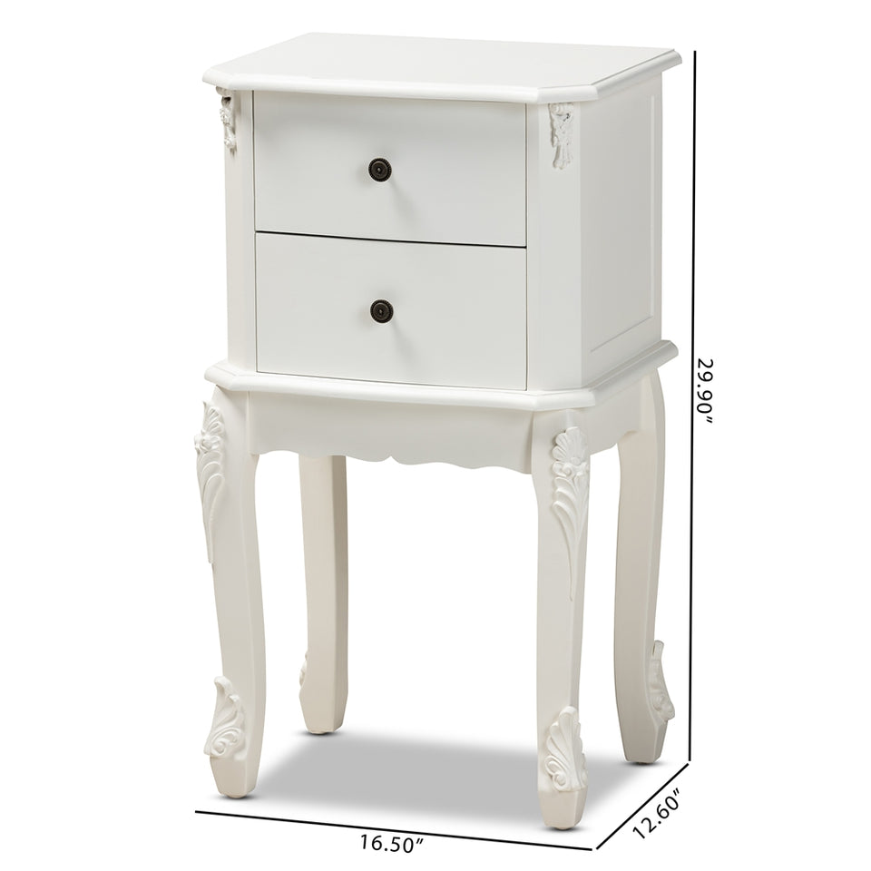 Sophia classic and traditional french white finished wood 2-drawer nightstand.