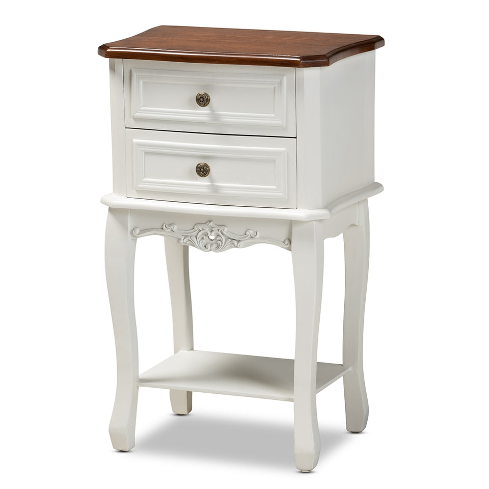 Darla classic and traditional French white and cherry brown finished wood 2-drawer nightstand.