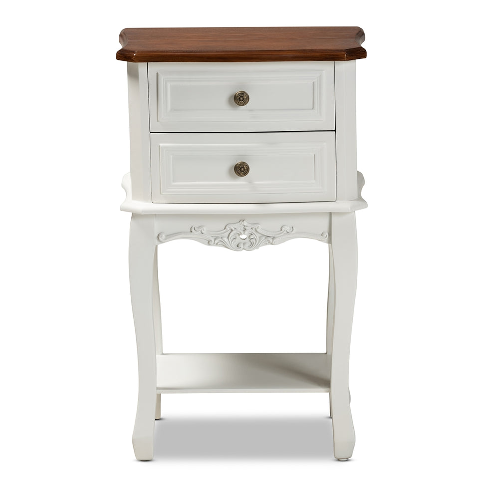 Darla classic and traditional French white and cherry brown finished wood 2-drawer nightstand.
