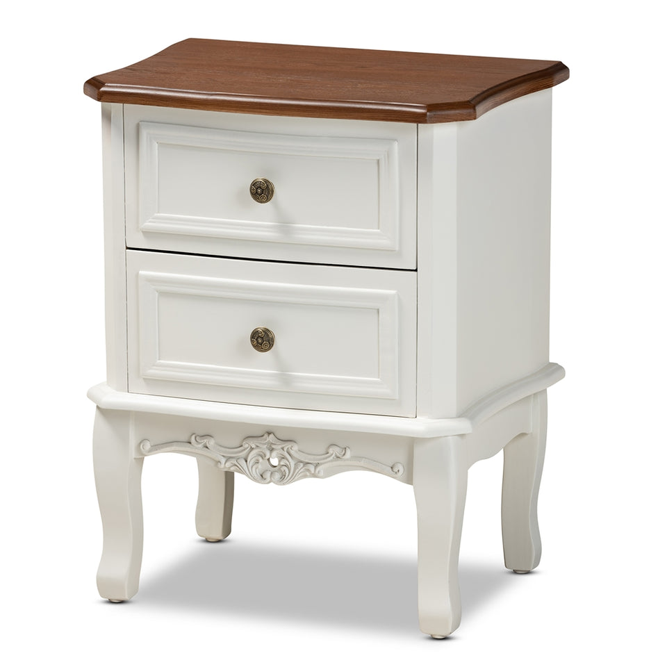 Darlene classic and traditional French white and cherry brown finished wood 2-drawer nightstand.