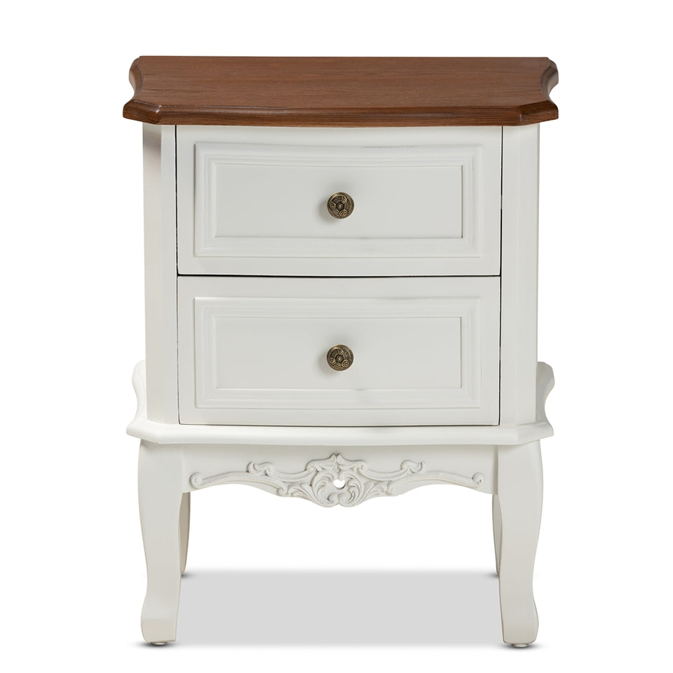 Darlene classic and traditional French white and cherry brown finished wood 2-drawer nightstand.
