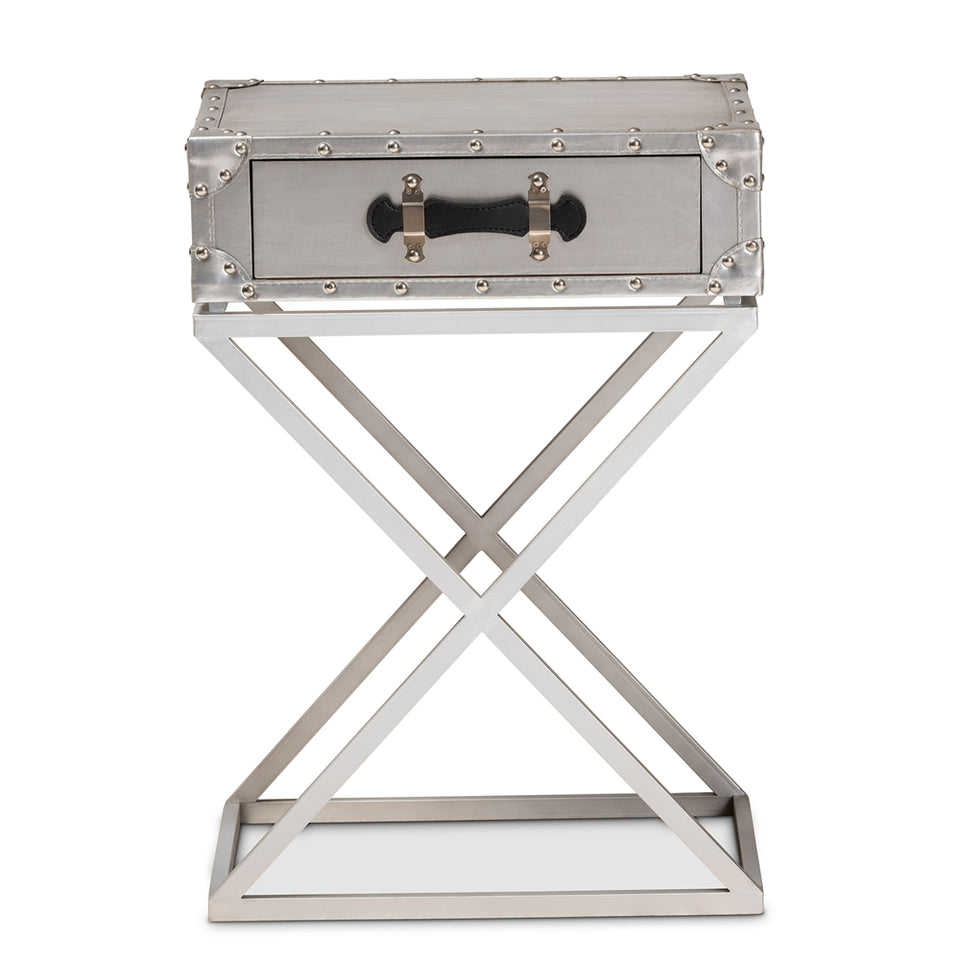 William modern french industrial silver metal 1-drawer nightstand.