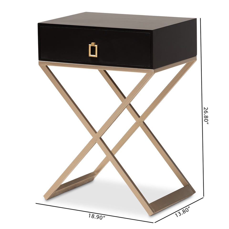 Patricia modern and contemporary black finished wood and powder coated brass effect metal 1-drawer nightstand.