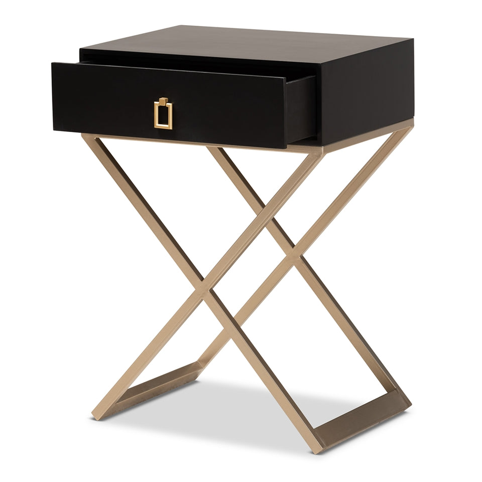 Patricia modern and contemporary black finished wood and powder coated brass effect metal 1-drawer nightstand.