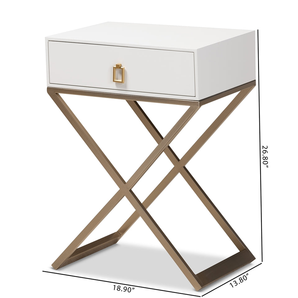 Patricia modern and contemporary white finished wood and powder coated brass effect metal 1-drawer nightstand.