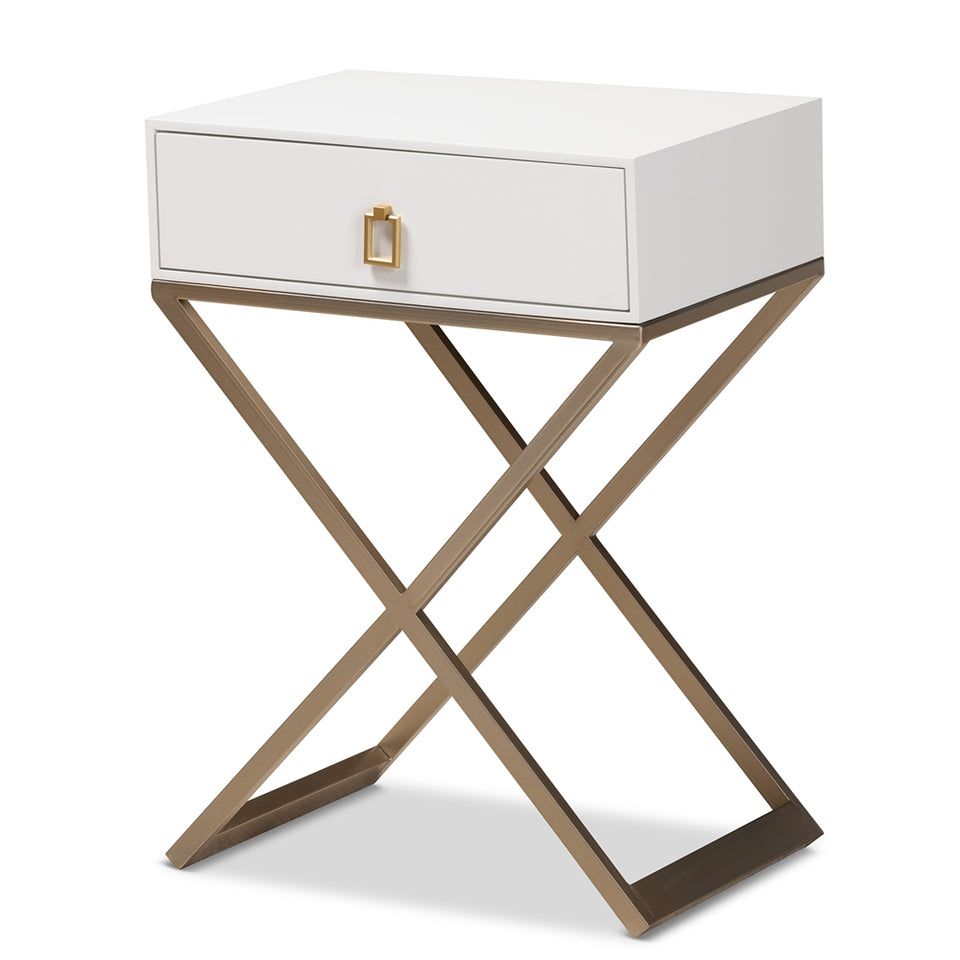 Patricia modern and contemporary white finished wood and powder coated brass effect metal 1-drawer nightstand.
