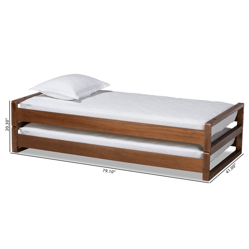 Klara modern and contemporary walnut finished wood expandable twin size to king size bed frame.