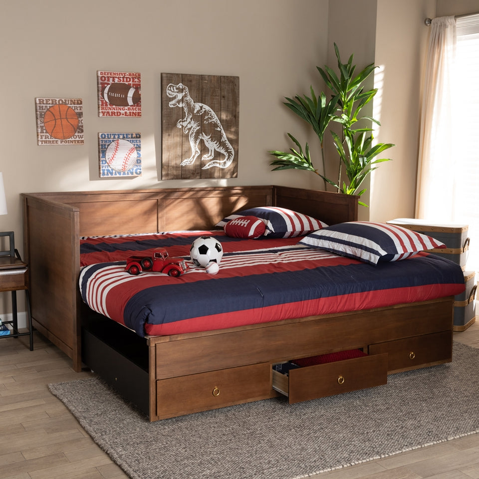 Thomas classic and traditional walnut brown finished wood expandable twin size to king size daybed with storage drawers.