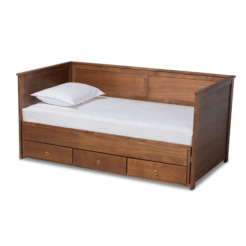 Thomas classic and traditional walnut brown finished wood expandable twin size to king size daybed with storage drawers.