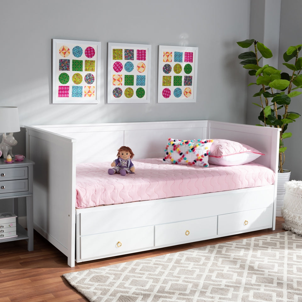 Thomas classic and traditional white finished wood expandable twin size to king size daybed with storage drawers.
