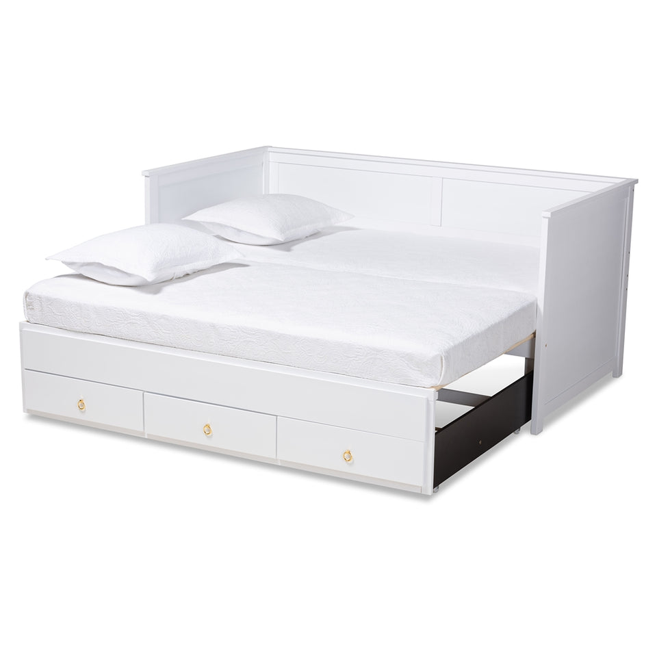 Thomas classic and traditional white finished wood expandable twin size to king size daybed with storage drawers.