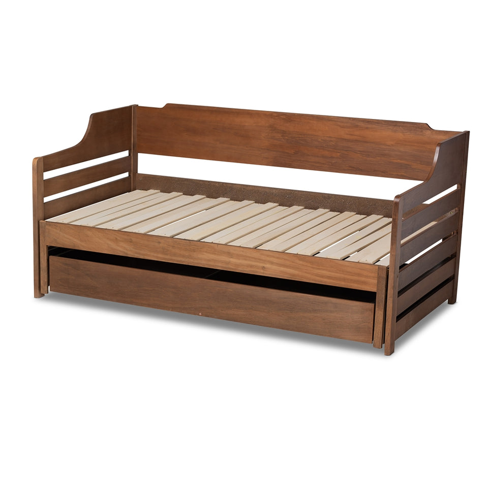 Jameson modern and transitional walnut brown finished expandable twin size to king size daybed with storage drawer.