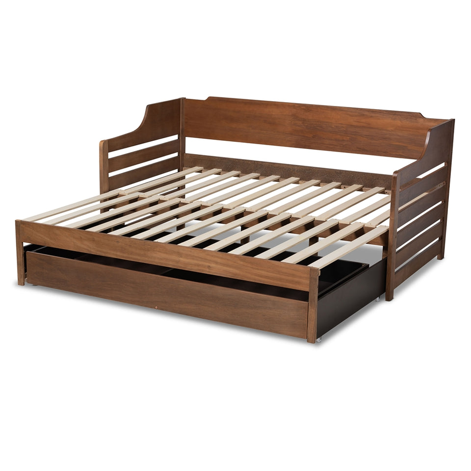 Jameson modern and transitional walnut brown finished expandable twin size to king size daybed with storage drawer.