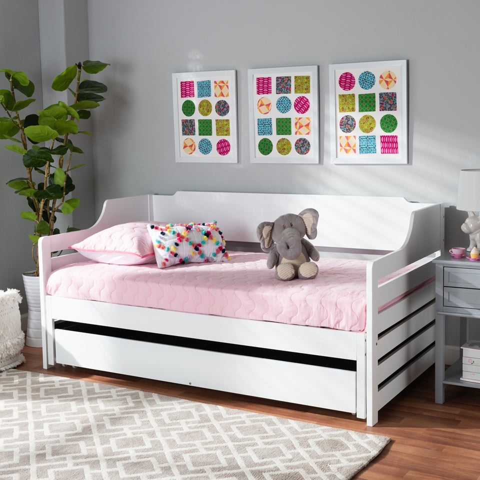Jameson modern and transitional white finished expandable twin size to king size daybed with storage drawer.
