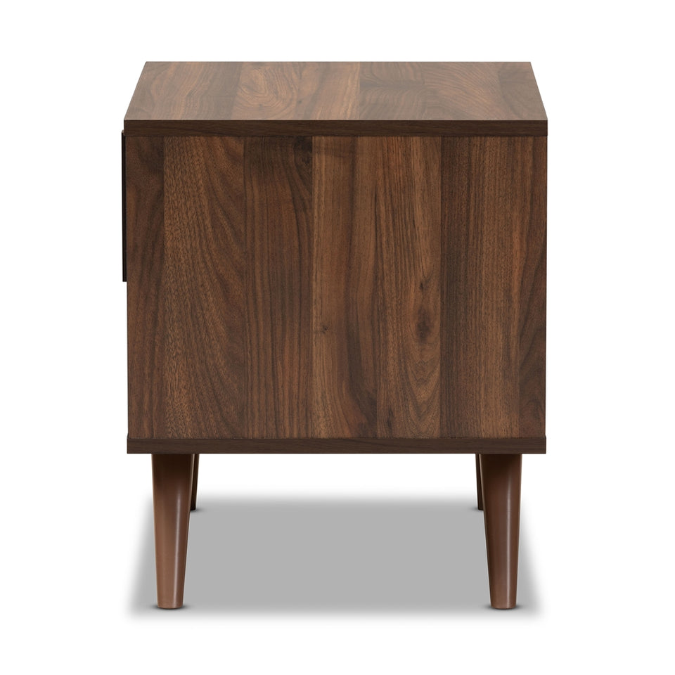 Naoki modern and contemporary two-tone grey and walnut finished wood 1-drawer nightstand.