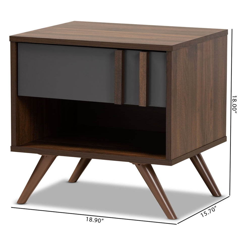 Naoki modern and contemporary two-tone grey and walnut finished wood 1-drawer nightstand.