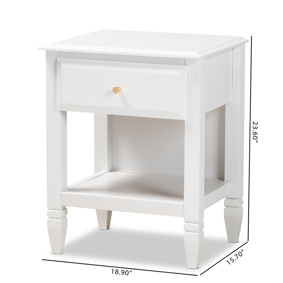 Naomi classic and transitional white finished wood 1-drawer bedroom nightstand.