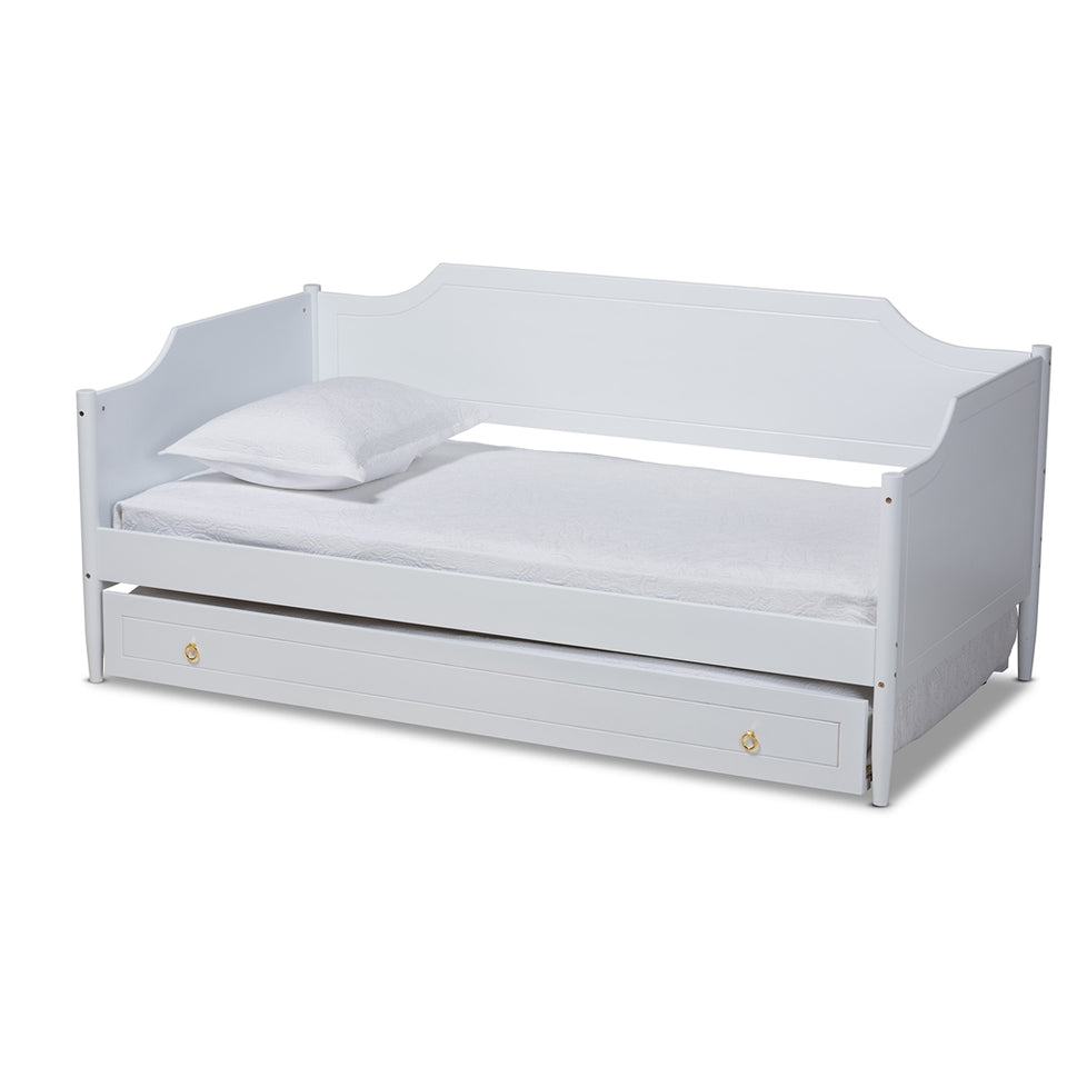 Alya classic traditional farmhouse white finished wood twin size daybed with roll-out trundle bed.