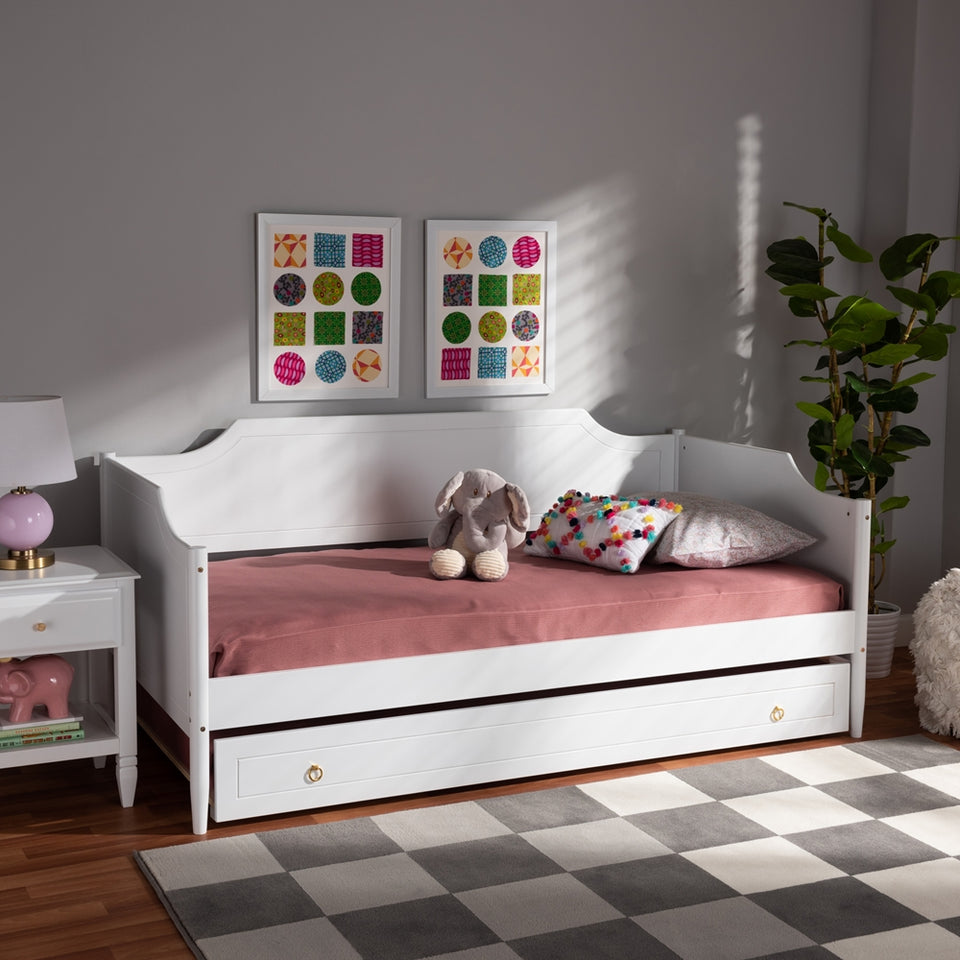 Alya classic traditional farmhouse white finished wood twin size daybed with roll-out trundle bed.