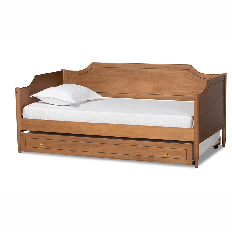 Alya classic traditional farmhouse walnut brown finished wood twin size daybed with roll-out trundle bed.