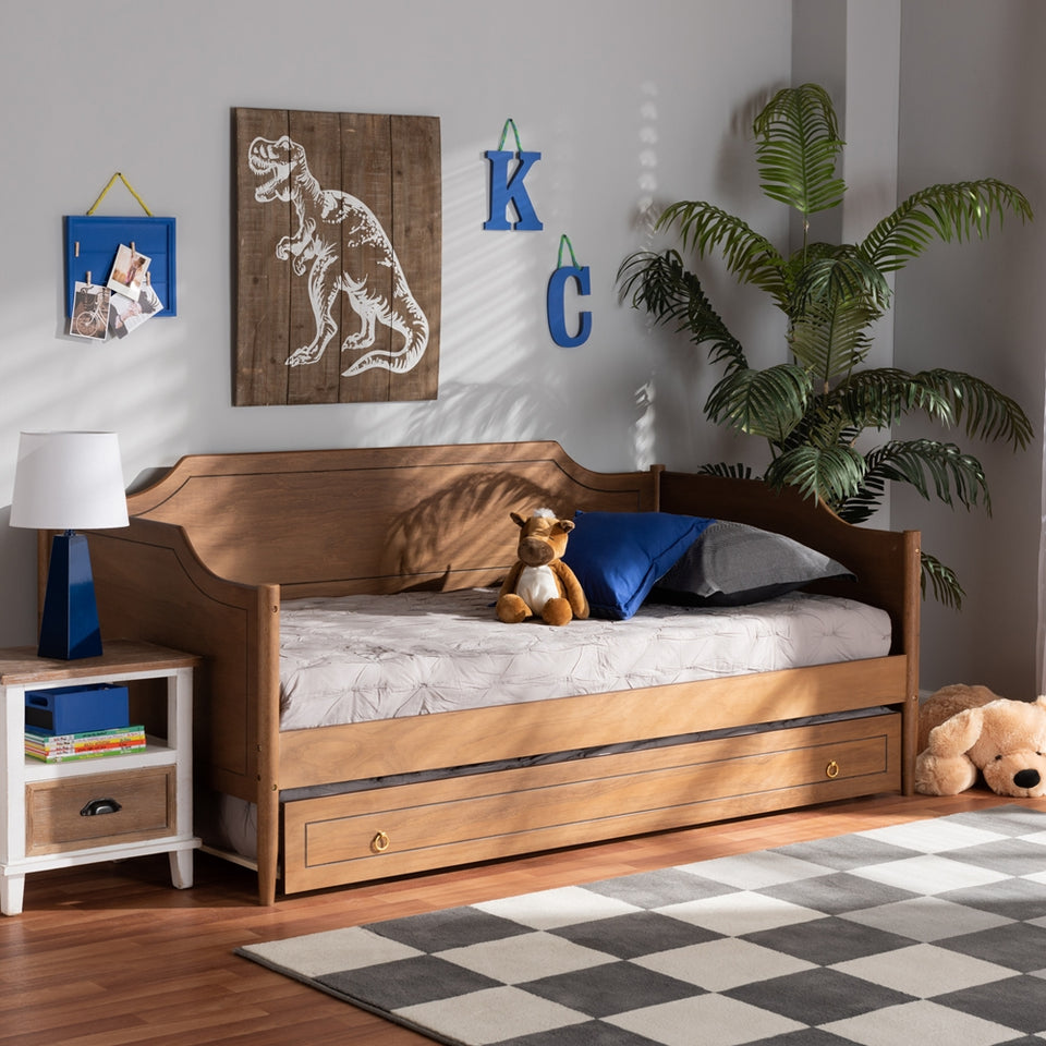 Alya classic traditional farmhouse walnut brown finished wood twin size daybed with roll-out trundle bed.