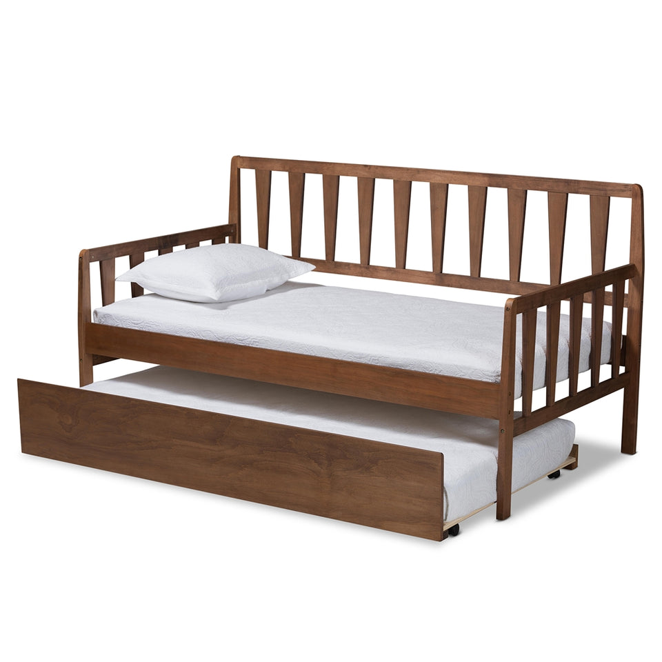 Midori modern and contemporary transitional walnut brown finished wood twin size daybed with roll-out trundle bed.