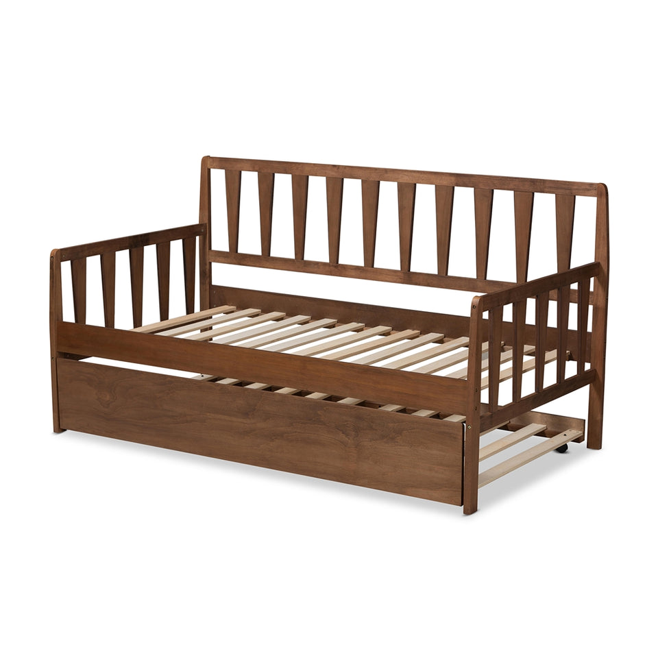 Midori modern and contemporary transitional walnut brown finished wood twin size daybed with roll-out trundle bed.